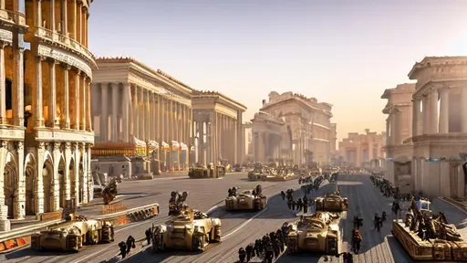 Prompt:  ultrarealistic futurist city glory of roman empire, many details, streets, buildings, future cars, 8k, hdr, Beautifully Detailed, Natural Lighting, Light Diffusion, dystopian, roman architecture,with solider marching