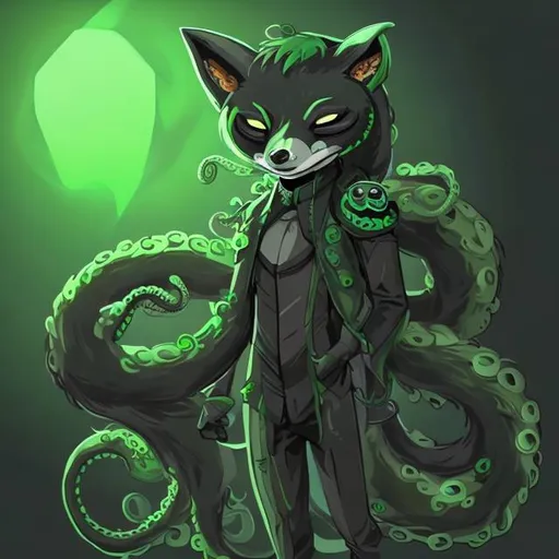 Prompt: anthropomorphic Green and black fox with tentacles on his back




