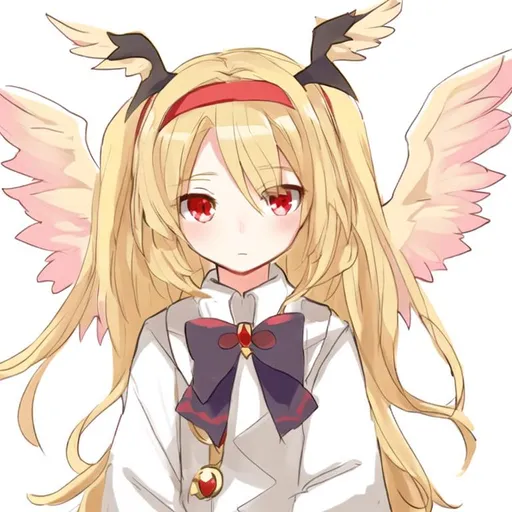 Prompt: Portrait of a cute winged magical girl with long, blonde hair and red eyes wearing a white headband 