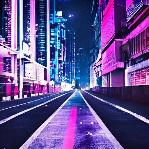 Prompt: Cyberpunk, a staight road whose end can't be seen, high building around the road whose roof can not be seen, night time, street lights, matte pink and purple, HD