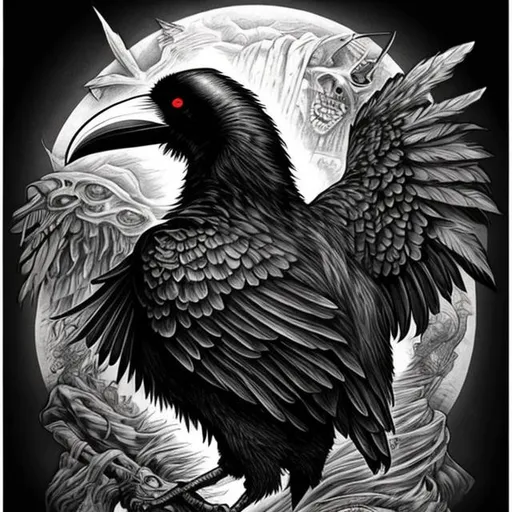 Prompt: giant raven bird full back tattoo