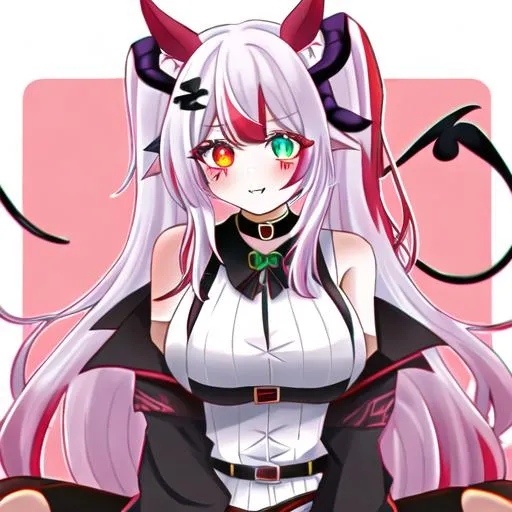 Prompt: Haley  (multi-color hair) (multi color eyes) (she has demon horns) (she has horse ears) (demon horns sit on the side of her horse ears) (red markings all over her body) casual attire, anime style