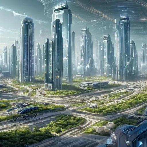 Prompt: future city with big buildings and green enviroment with cars, year 2050. 