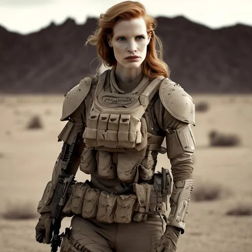 Prompt: monochrome beautiful jessica chastain, army combat correspondent, cameraman, army uniform, desert tan, scifi, futuristic, scifi armor