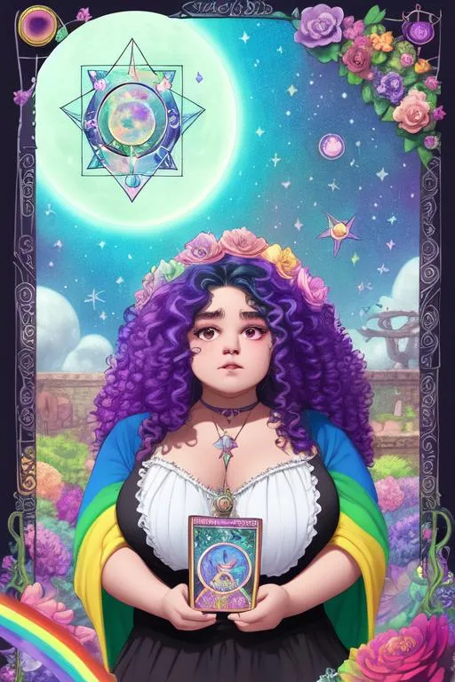 mexican plus size witch with curly rainbow hair, lar