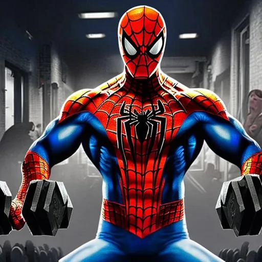 Prompt: Spiderman lifting dumbells in a gym