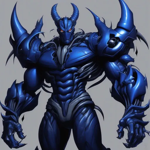 Prompt: deep blue symbiote with horns, navy blue armor, dark blue mohawk, massive mecha arm cannons, nightmare fuel, Masterpiece, Best Quality, in cartoon style