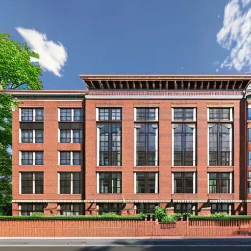 Prompt: full view of a 35-meter high facade with red brick for the office building on 5 meters avenue with horizontal windows.