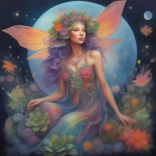 Prompt: A vibrantly and brightly coloured and colourful and beautiful head to toe Persephone as a fairy with iridescent fairy wings; with succulent, feathers and gems in her hair. In a beautiful flowing dress made of plants. Surrounded by tiny fairies and clouds, in a painted style in a hyperrealistic Disney style framed by the constellations and the moon