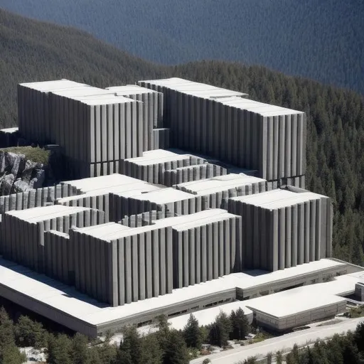 Prompt: a hyper geometric research facility on the side of a mountain with lots of windows, brutalist architecture