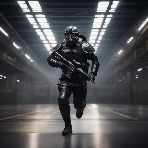 Prompt: A modern roman military male in black military roman armor, and gas mask, running, background sci fi hangar deck, Hyperrealistic, sharp focus, Professional, UHD, HDR, 8K, Render, electronic, dramatic, vivid, pressure, stress, nervous vibe, loud, tension, traumatic, dark, cataclysmic, violent, fighting, Epic