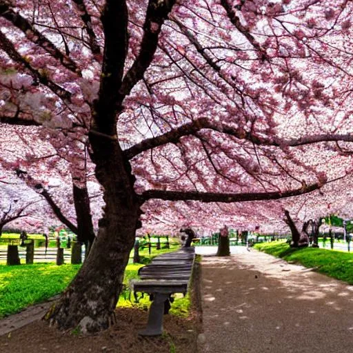 Prompt: cherry blossom trees, cherry blossoms, park bench, bench, park, flower trees, flowers