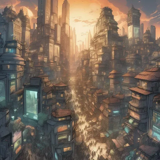 Prompt: A bustling fantasy foreign city with tall buildings and busy streets , comic book style , highly detailed , concept art , dynamic , In a distant land, where the city lights shine brightly,