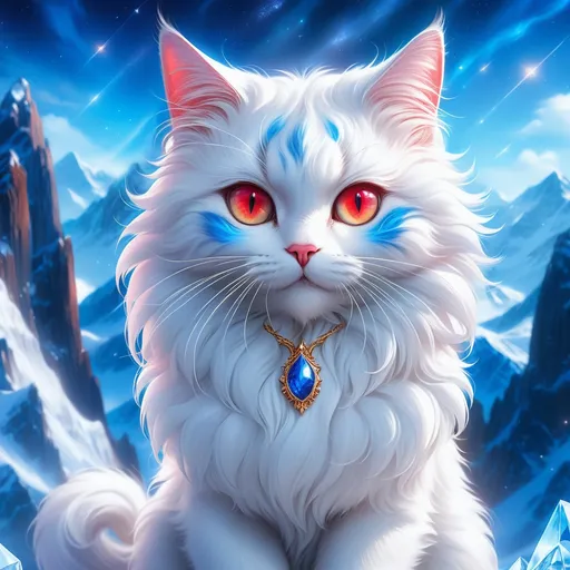 Prompt: champion cat with {shiny blue fur} and {ruby red eyes}, young female cat prodigy, frost, ice element, by Erin Hunter, gorgeous anime portrait, beautiful cartoon, 2d cartoon, beautiful 8k eyes, elegant {red fur}, glossy sheen fur, pronounced scar on chest, fine oil painting, modest, gazing at viewer, beaming red eyes, glistening blue fur, low angle view, zoomed out view of character, 64k, hyper detailed, expressive, timid, graceful, beautiful, expansive silky mane, deep starry sky, golden ratio, precise, perfect proportions, vibrant, standing majestically on a tall crystal stone, hyper detailed, complementary colors, UHD, HDR, top quality artwork, beautiful detailed background, unreal 5, artstaion, deviantart, instagram, professional, masterpiece