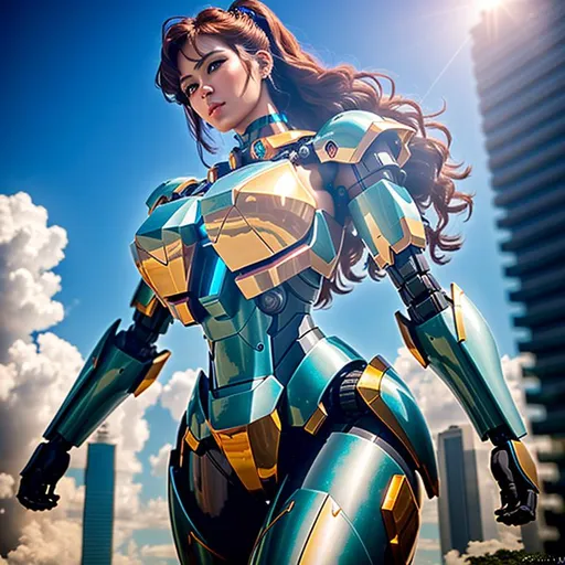 Prompt: Create a high-quality professional image of a giant mecha shaped like a woman.
The image should be realistic and detailed, with vivid colors and sharp contrasts. 
 
heavenly beauty, 8k, 50mm, f/1. 4, high detail, sharp focus, perfect anatomy, highly detailed, detailed and high quality background, oil painting, digital painting, Trending on artstation, UHD, 128K, quality, Big Eyes, artgerm, highest quality stylized character concept masterpiece, award winning digital 3d, hyper-realistic, intricate, 128K, UHD, HDR, image of a gorgeous, beautiful, dirty, highly detailed face, hyper-realistic facial features, cinematic 3D volumetric, illustration by Marc Simonetti, Carne Griffiths, Conrad Roset, 3D anime girl, Full HD render + immense detail + dramatic lighting + well lit + fine | ultra - detailed realism, full body art, lighting, high - quality, engraved, ((photorealistic)), ((hyperrealistic))