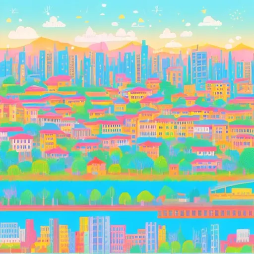 Prompt: Colorful image of city and countryside mixed together, for simple album cover. Not animation style but drawn with crayon very simple. Signatured “Sanhui”