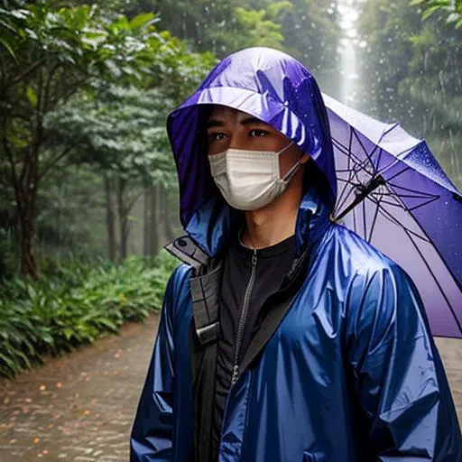 Prompt: Masked traveler in a dark blue and violet rain coat with  sun protecting head garment and proper combat skills 
