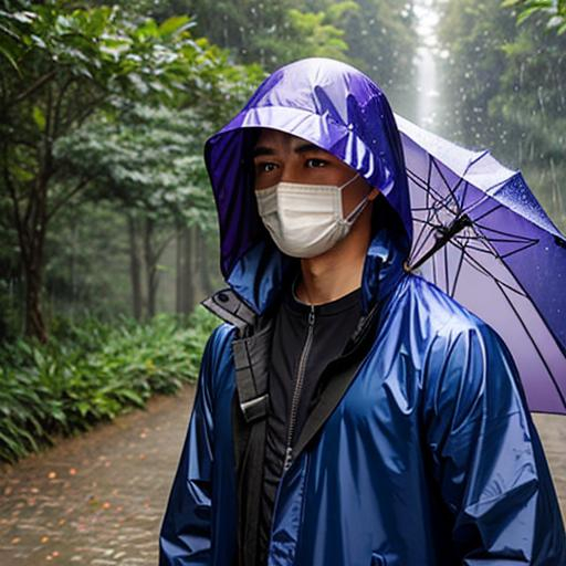 Masked traveler in a dark blue and violet rain coat...