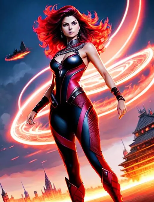 Prompt: full body pose, Morena Baccarin casting magic spells, sleeveless, pink and red hair, brown eyes, battlefield, ethereal, red lace royal wizard suit, floating city in background, jewelry set balayage, wild hair with bangs, floating city in background royal vibe, highly detailed, digital painting, Trending on artstation , HD quality, tan skin,artgerm,  by Ilya Kuvshinov 