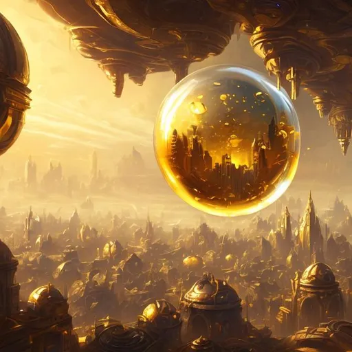 Prompt: A painting of a floating glass bubble with golden elements with a city built inside of it. The city itself looks similar to Piltover