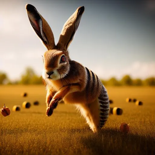 Prompt: honey bee blended with a hare , hybrid flying creature, surreal, 8k, food photography, octane render