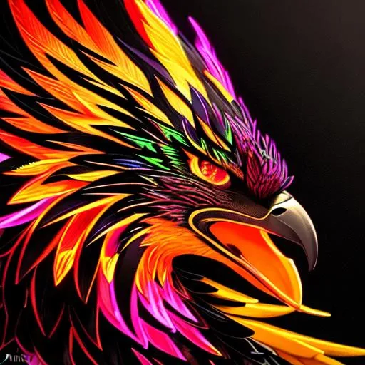 Prompt: Portrait of a fiery neon phoenix, glowing iridescent black feathers, black background, perfect composition, super detailed, high quality, trending art, trending on artstation, sharp focus, studio photo, intricate details, highly detailed, Trending on Artstation, Popular on Dribbble