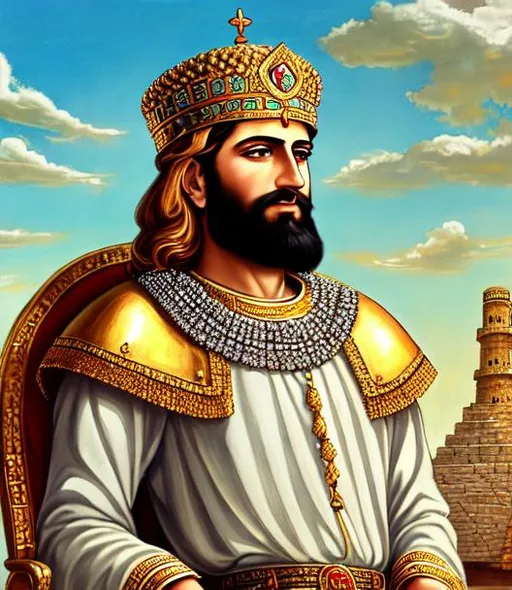 Prompt: Full portrait of Achaemenid king, Cyrus the Great, Persian castle.