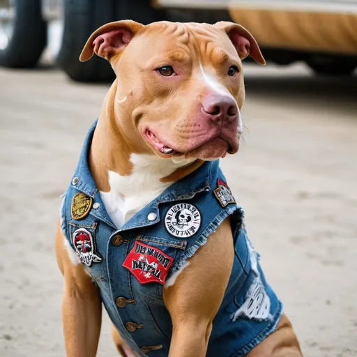 Prompt: pitbull dog wearing a heavy metal music denim vest with patches 