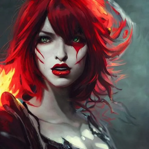 Prompt: Portrait of a female demon with black and red hair and with cute face, fire background, perfect composition, hyperrealistic, super detailed, 8k, high quality, trending art, trending on artstation, sharp focus, studio photo, intricate details, highly detailed, by greg rutkowski