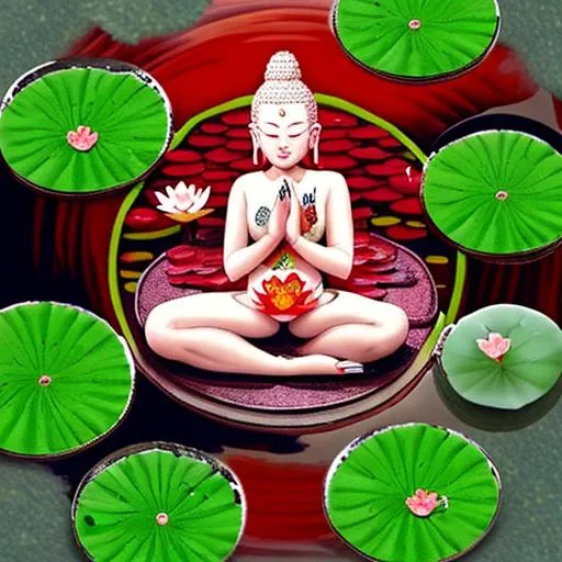 Prompt: Koi pond painted nails with a red lotus flower and one finger, lily pads on another and a budda statue on one nail and a frog on one nail 