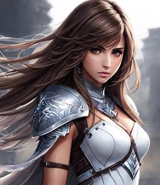 Prompt: a final fantasy watercolor concept art with Naomi Scott, brown hair, realistic face, in white Dragoon Artifact armor, parted bangs, brown eyes, ethereal, jewelry set balayage wild hair, royal vibe, highly detailed, digital painting, Trending on artstation , HD quality, tan skin, Big Eyes,artgerm,by yoshitaka amano