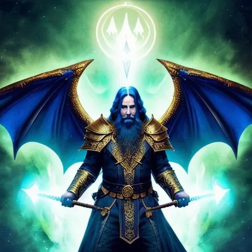 Prompt: Male Wizard casting a spell with Magic around him, Mounted on an Undead Dragon wreathed in Blue and Black Magic