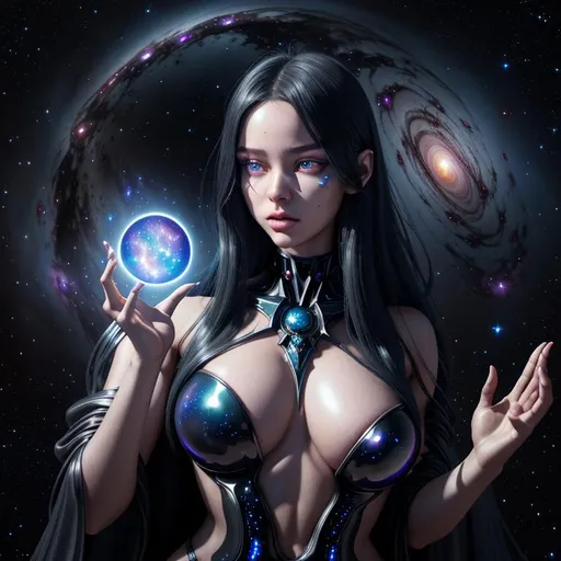 Prompt: splash art, hyper detailed, hyper realistic, highly detailed, dark, surreal heavy mist, floating at the edge of the Universe, in an alien observatory, 

create a 30% transparent computer generated hologram of a fantastically Exquisite, beautiful, young adult woman, Exceptionally glamorous Sorceress, holding the Milky way galaxy on an extended fingertip,

Gorgeous detailed facial features, long legs, vibrant sumptuous, perfect body, ultra pale, visible midriff, ((perfect curly red hair)), magically created armor, heavy iron collar, 

Perfect studio lighting, perfect shading. HDR, UHD, high res, 64k, cinematic lighting, special effects, hd octane render, professional photograph, trending on artstation, .
