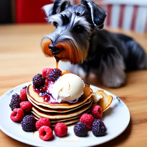 Prompt: a schnauzer is eating pancake with berries and ice cream