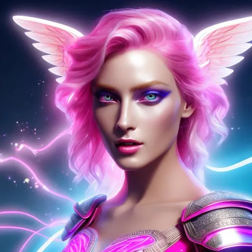 Prompt: HD 4k 3D 8k professional modeling photo hyper realistic beautiful woman ethereal greek goddess of eagerness
hot pink hair blue eyes gorgeous face black skin shining armor jewelry wing crown full body running with greyhounds surrounded by magical glow hd landscape background 