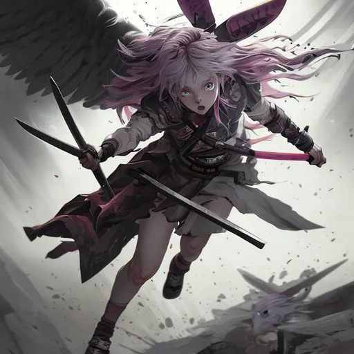 Prompt: a young demon (multi-color hair) (multi-color eyes)(she has rabbit ears) holding a katana, fighting, in a gunfight, bullets flying, fighting in a rural area, sad, (angel wings), lunging at the center, flying in the air

a masterpiece, 8k resolution, dark fantasy concept art, by Greg Rutkowski, dynamic lighting, hyperdetailed, intricately detailed, Splash screen art, trending on Artstation, deep color, Unreal Engine, volumetric lighting, Alphonse Mucha, Jordan Grimmer, purple and yellow complementary colours sinister by Greg Rutkowski