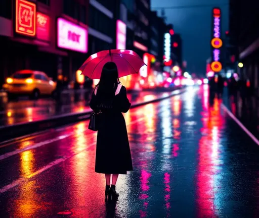 Prompt: RAW photo, a beautiful crying girl with small lips, red lipstick, long black hair, facing back, holding an big black broken umbrella with two hands without umbrella's canopy standing on the street with heavy rain at the midnight ,neon city, , reflection, photography,  movie shot