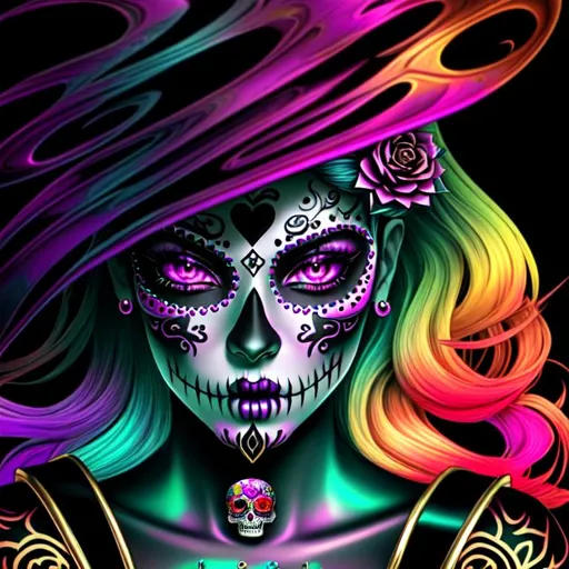 Prompt: beautiful freeform dark chaos vivid bold, 3D, HD, [{one}({liquid metal {one}{Sugarskull}female]::2, (clouds) with {purple gold pink green red silver blood}ink), expansive psychedelic background --s99500 