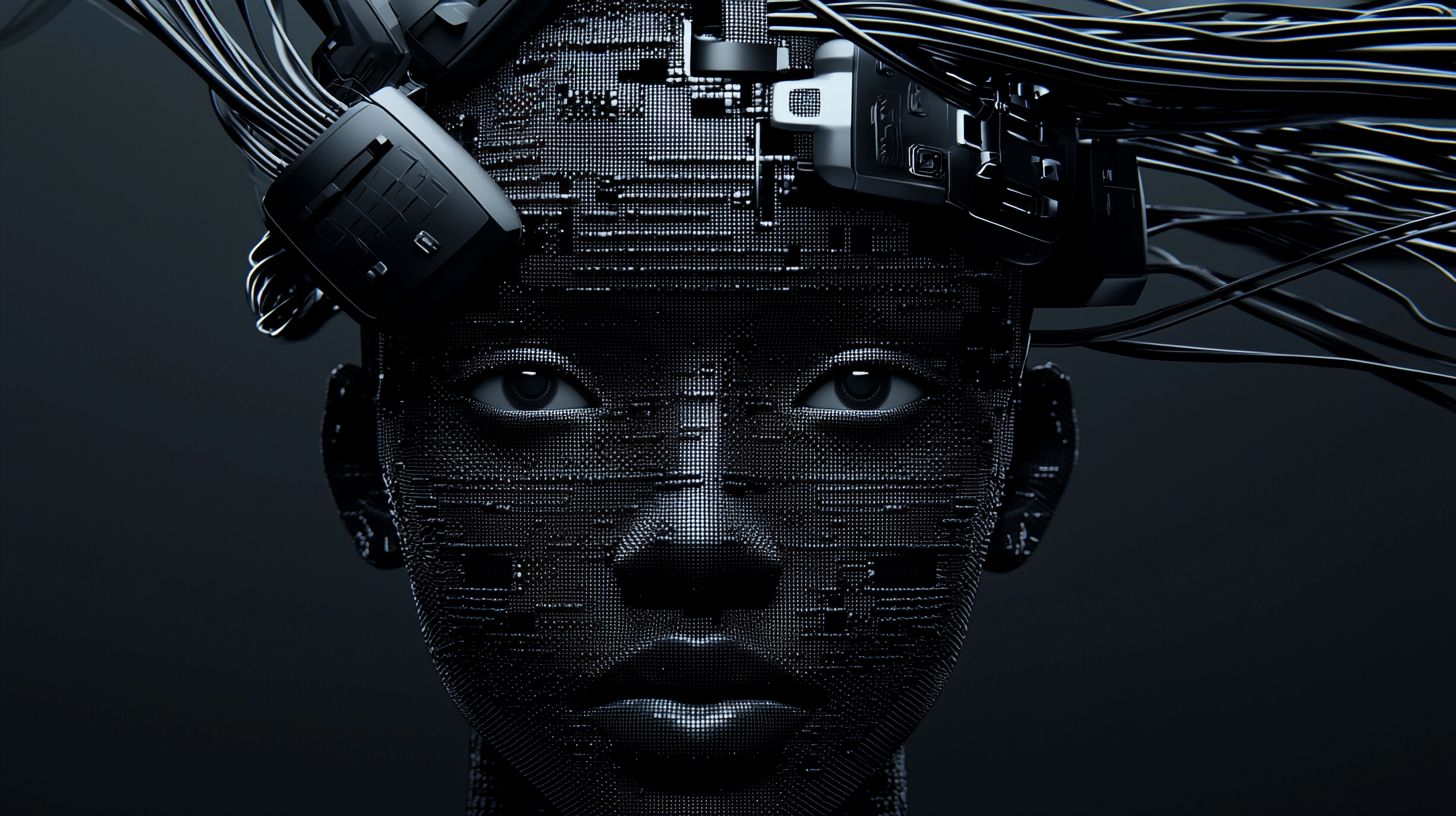 Prompt: pixelated digital face of a young woman with black wires behind her head, in the style of organic sculpting, afrofuturism, dark silver and dark black, uhd image, meticulous detailing, robotic motifs, sculptural expression --profile y8if64b