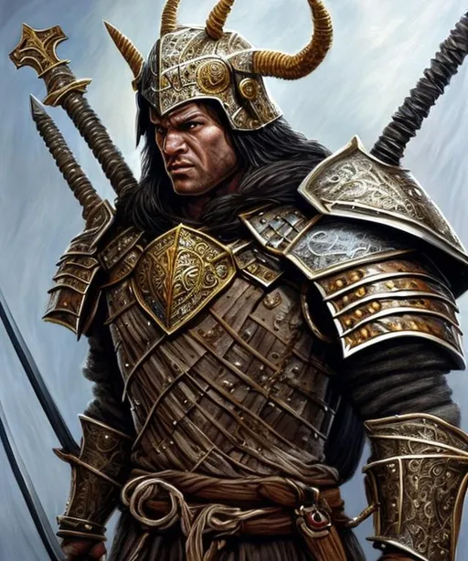 Prompt: solo, Photo realistic fantastic painting for a muscular knight, He wears a medieval armor with intricated design, a intricated helm with ox horn that shows the scared face, (the lord of the rings), (King Authur). He uses a (great sword) as weapon, he carries the axe by both hand and is in pose of attack. He is in a battlefield on fired castle.  His chest have mark of the royal house he belongs to. The painting is a masterpiece by Greg Rutkowski and Ralph McQuarrie.