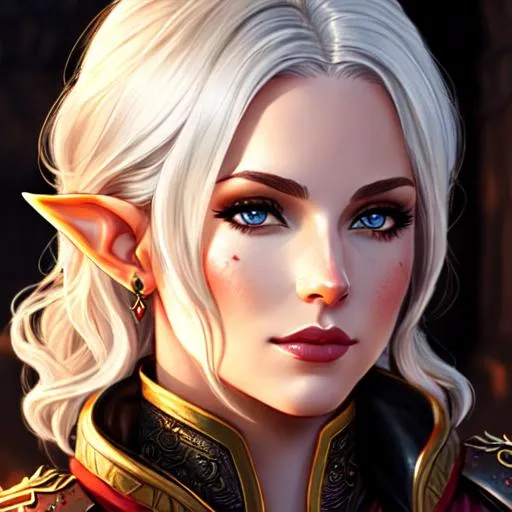 Prompt: elf, female, dnd, illustration, portrait, short wavy hair, scars, leather armor