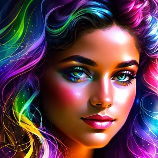 Prompt: girl. etherial light,cosmic being,closeup,cosmic background,facial light,rainbow colors