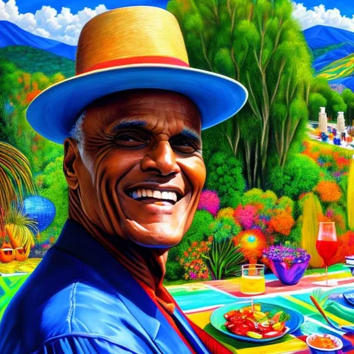 Prompt: portrait of harry belafonte enjoying himself at a fiesta, hyper realism, vibrant background, breathtaking scenery 