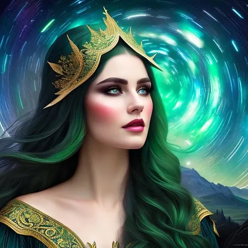 Prompt: Gorgeously queen of elves with green eyes in starry night, portrait, 1/3 portrait, concept art, mid shot, intricately detailed, color depth, cinematic, oil splashes, intricate detailed