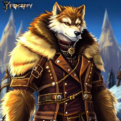 Prompt: furaffinity, fullbody, young, handsome, adorable, anthropomorphic, male, dire wolf fursona, fluffy, gold fur, bronze mullet, large silver tail, steampunk clothes, fantasy world