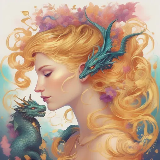 Prompt: A colourful and beautiful Persephone, with gold hair and her hair being made out of magic, with a dragon in a painted style