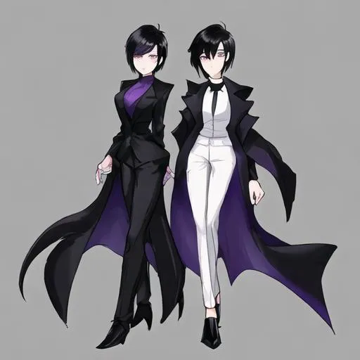 Prompt: Women with a short black hair and purple eyes in a long black tailcoat and white shirt with white trousers and black  boots, gothic, anime 