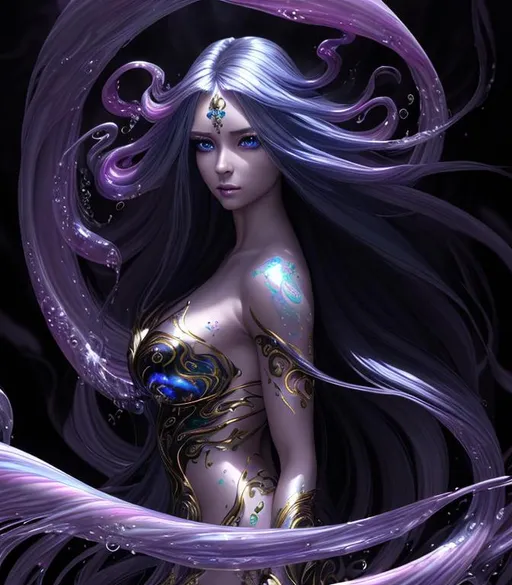 Prompt: Serene, Magical, Fantasy, Epic cinematic, Vivid, 3D HD Beautiful [{one}{Goddess}Female liquid satin, Beautiful big reflective eyes, long flowing hair, beautiful hands]::2, expansive liquid background, Tropical, freeform colorful ink chaos, hyper realistic, 8K --s98500