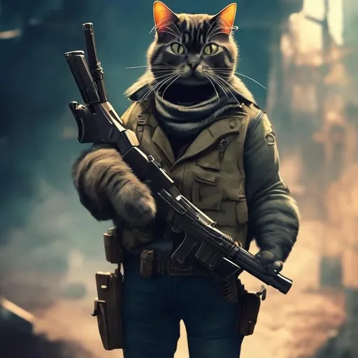 Prompt: a cat holding a gun looking right at the viewer
