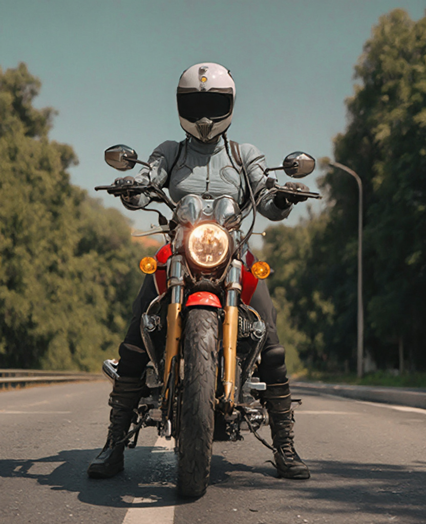 lady rider on a red Suzuki Boulevard riding through...